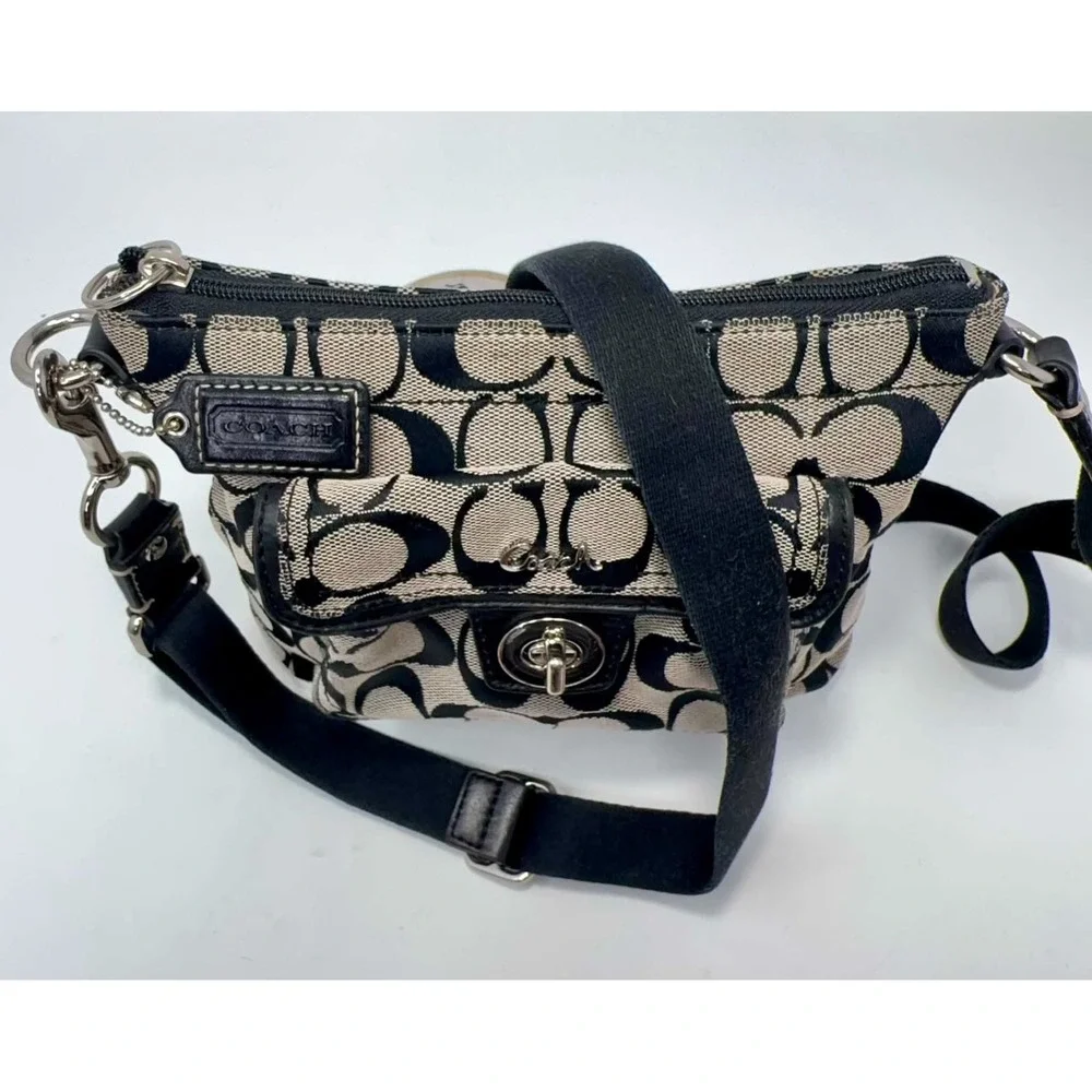 Coach Signature C Canvas Turnlock Flap Crossbody Bag Black Gray Jacquard Y2K